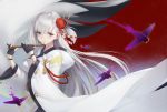  1girl azur_lane bangs black_gloves blush closed_mouth fingerless_gloves flower gloves hair_flower hair_ornament haori_iori highres holding japanese_clothes kimono long_hair shoukaku_(azur_lane) silver_hair solo spider_lily violet_eyes wide_sleeves 