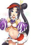  1girl :d bangs bare_shoulders black_hair blue_eyes blunt_bangs breasts cheerleader contrapposto cowboy_shot fate/grand_order fate_(series) long_hair looking_at_viewer midriff navel open_mouth p!nta pom_poms side_ponytail sidelocks small_breasts smile solo star thick_eyebrows ushiwakamaru_(fate/grand_order) very_long_hair visor_cap wing_collar 