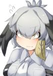  1girl bird_wings blonde_hair blush collared_shirt embarrassed eyebrows_visible_through_hair feathered_wings flying_sweatdrops fun_bo grey_hair grey_shirt head_wings kemono_friends long_hair low_ponytail necktie shirt shoebill_(kemono_friends) side_ponytail solo upper_body wavy_mouth white_neckwear wings yellow_eyes 