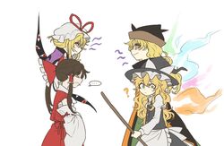  4girls ? alien_(psr992) apron black_hair black_hat blonde_hair bow broom closed_eyes commentary_request detached_sleeves flat_color from_side gap hair_bow hair_tubes hakurei_reimu hat hat_bow hat_ribbon holding juliet_sleeves kirisame_marisa korean long_hair long_sleeves looking_at_viewer matara_okina mob_cap multiple_girls ponytail profile puffy_sleeves red_bow red_ribbon red_skirt ribbon ribbon-trimmed_sleeves ribbon_trim sidelocks simple_background skirt skirt_set tabard touhou vest waist_apron wavy_hair white_background white_bow white_hat witch_hat yakumo_yukari yellow_eyes 