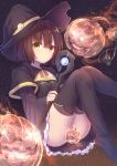  1girl :p black_dress black_footwear bob_cut boots brown_hair convenient_censoring dress halloween hat holding holding_staff jack-o&#039;-lantern looking_at_viewer minarai_shachou original short_hair solo staff thigh-highs thigh_boots tongue tongue_out witch witch_hat yellow_eyes 