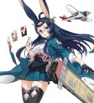  1girl aircraft airplane animal_ears azur_lane black_hair blue_eyes card commentary_request flight_deck glasses highres long_hair looking_at_viewer machinery nyoronyoro pleated_skirt rabbit_ears skirt solo souryuu_(azur_lane) thigh-highs zettai_ryouiki 