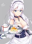  1girl azur_lane bangs bare_shoulders belfast_(azur_lane) braid breasts cake chains choker cleavage collarbone commentary_request cup erect_nipples eyebrows_visible_through_hair food french_braid gauntlets grey_background highres hoshimiya_mashiro large_breasts long_hair looking_at_viewer maid maid_headdress signature smile solo teacup teapot tray very_long_hair white_hair 