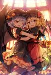  2girls bat_wings black_dress black_hat blonde_hair bow capelet dress flandre_scarlet frilled_skirt frills halloween hat hat_bow hug indoors jack-o&#039;-lantern lavender_hair looking_at_viewer mob_cap multiple_girls one_eye_closed one_side_up orange_bow orange_skirt pointy_ears red_bow red_eyes red_skirt remilia_scarlet shinoba siblings sisters skirt skirt_set slit_pupils smile striped striped_bow touhou wings wrist_cuffs 