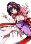  1girl black_hair blush breasts cleavage commentary_request fate/grand_order fate_(series) fingerless_gloves fox_shadow_puppet gloves gradient_hair hairband hood japanese_clothes long_hair looking_at_viewer medium_breasts multicolored_hair osakabe-hime_(fate/grand_order) red_eyes simple_background smile solo thigh-highs very_long_hair white_background white_legwear yodare_(3yami8) 
