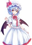  1girl blouse blue_hair blush cowboy_shot demon_wings fang frills hand_up hat highres junior27016 looking_at_viewer mob_cap open_mouth pointy_ears puffy_short_sleeves puffy_sleeves red_eyes remilia_scarlet short_hair short_sleeves simple_background skirt smile solo touhou tsurime wavy_hair white_background white_blouse white_skirt wings 