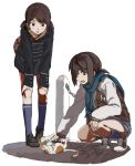  2girls :d backpack bag bangs black_coat black_footwear blue_legwear blue_scarf blush brown_eyes brown_hair cat coat commentary_request cross-laced_footwear dot_nose eyebrows_visible_through_hair fringe fubuki_(kantai_collection) full_body green_eyes hand_on_own_knee hands_on_own_knees jacket kantai_collection kneehighs leaning_forward letterman_jacket loafers long_sleeves multiple_girls ningen_(ningen96) open_mouth petting plaid plaid_scarf raised_eyebrows scarf shirayuki_(kantai_collection) shoes short_hair simple_background smile sneakers squatting standing white_background 