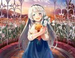  1girl 2017 :d black_hairband blue_eyes blue_skirt blush brick_floor brick_wall cage clannad clouds commentary dated eyebrows_visible_through_hair fence field flower flower_field hairband happy_birthday holding holding_flower long_hair long_sleeves looking_at_viewer mountain naka_akira open_mouth red_ribbon ribbon sakagami_tomoyo shirt signature silver_hair skirt sky smile solo stuffed_animal stuffed_toy sunset teddy_bear very_long_hair white_flower white_shirt windmill 