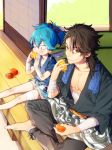  2boys arm_wrap bandage barefoot blue_eyes blue_hair brown_eyes brown_hair eating highres hokora_(n70) japanese_clothes looking_at_viewer male_focus multiple_boys mutsu-no-kami_yoshiyuki sayo_samonji sitting sliding_doors tatami touken_ranbu 