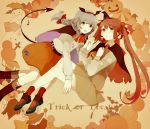  2girls absurdres alternate_costume asagumo_(kantai_collection) cape capelet fangs halloween hand_holding hat highres kantai_collection looking_at_viewer multiple_girls shakemi_(sake_mgmgmg) skirt tail trick_or_treat winged_hair_ornament witch_hat yamagumo_(kantai_collection) 