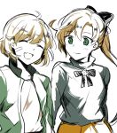  2girls akigumo_(kantai_collection) alternate_costume bandaid bandaid_on_face black_ribbon brown_hair closed_eyes fang green_eyes green_sweater hair_ribbon jacket kantai_collection long_hair multiple_girls oboro_(kantai_collection) open_mouth orange_skirt po_(user_epy3888) ponytail ribbon short_hair skirt smile track_jacket upper_body 