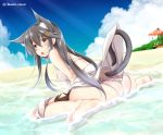  1girl animal_ears ass barefoot baretto_(firearms_1) beach bikini black_hair blue_sky blurry brown_eyes cat_ears cat_tail chestnut_mouth clouds cloudy_sky commentary_request depth_of_field feet from_behind hair_ornament hairclip haruna_(kantai_collection) horizon kantai_collection kemonomimi_mode long_hair looking_at_viewer looking_back sitting sky soles solo swimsuit tail toes wariza white_bikini 