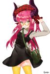  1girl absurdres artist_name bangs beret blue_eyes chungu cowboy_shot dress eyebrows_visible_through_hair fate/extra fate/extra_ccc fate_(series) glasses hair_between_eyes hat highres horns lancer_(fate/extra_ccc) long_hair looking_at_viewer pinafore_dress plaid purple_hair signature simple_background smile solo thigh-highs tongue tongue_out two_side_up white_background yellow-framed_eyewear yellow_legwear 