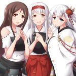  3girls :d aqua_eyes azur_lane braid brown_eyes brown_hair commentary_request crossover detached_sleeves eyeshadow finger_to_mouth hachimaki hair_ornament hakama_skirt headband japanese_clothes jewelry kantai_collection long_hair looking_at_viewer makeup mole mole_under_eye multiple_crossover multiple_girls muneate open_mouth pleated_skirt ring shoukaku_(azur_lane) shoukaku_(kantai_collection) shoukaku_(zhan_jian_shao_nyu) simple_background single_braid skirt smile wedding_band white_background white_hair yukimi_unagi zhan_jian_shao_nyu 