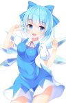  1girl alternate_breast_size blue_bow blue_eyes blue_hair blush bow breasts cirno double_v eyebrows_visible_through_hair hair_bow highres ice ice_wings large_breasts looking_at_viewer open_mouth short_hair smile solo touhou umitonakai v wings 
