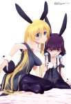  2girls absurdres animal_ears artist_request black_legwear blend_s blonde_hair blue_eyes blush breasts bunny_tail eyebrows_visible_through_hair feet hair_between_eyes hair_over_shoulder hand_to_own_mouth highres hinata_kaho large_breasts leaning_forward long_hair low_twintails multiple_girls no_shoes official_art open_mouth pantyhose puckered_lips purple_hair rabbit_ears sakuranomiya_maika scan shaded_face sitting small_breasts smile soles strap_slip sweatdrop tail toes twintails violet_eyes wariza wrist_cuffs 