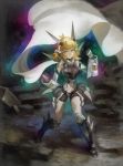  1girl adapted_costume armor armored_boots bare_shoulders boots clenched_hands female frown full_body gauntlets headgear headphones highres light_brown_hair navel navel_cutout scarf senki_zesshou_symphogear serious short_hair solo spoilers standing tachibana_hibiki_(symphogear) visqi white_scarf yellow_eyes 