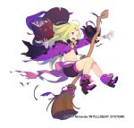  1girl ;o bare_shoulders belt blonde_hair book boots broom circlet fire_emblem fire_emblem_heroes halloween halloween_costume hat long_hair midriff nagisa_kurousagi navel nowi_(fire_emblem) official_art one_eye_closed open_book pointy_ears purple_hair shorts solo sweatdrop torn_clothes watermark witch_hat 