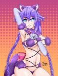  1girl animal_ears bikini blue_eyes braid breasts cat_ears cat_tail cleavage fang hair_ornament highres kemonomimi_mode large_breasts long_hair looking_at_viewer navel neptune_(series) paw_pose purple_hair purple_heart sitting smile solo swimsuit symbol-shaped_pupils tail twin_braids very_long_hair 
