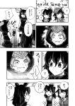  animal_ears antlers chameleon_tail comic crested_porcupine_(kemono_friends) fading fingerless_gloves giant_armadillo_(kemono_friends) gloves highres hood kemono_friends long_hair monochrome moose_(kemono_friends) multiple_girls open_mouth panther_chameleon_(kemono_friends) porcupine_ears sakana_kidori short_hair translation_request 