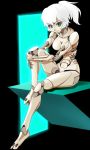  1girl android eyebrows_visible_through_hair green_eyes harisenbon_(power-slide) holding_legs looking_at_viewer original ponytail robot_joints sitting solo white_hair 
