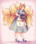  1girl alternate_costume animal_ears blonde_hair blush commentary cookie dress food fox_ears fox_tail grin high_heels highres housewife looking_at_viewer multiple_tails orz_(kagewaka) oven_mitts short_hair smile solo tail touhou tray when_you_see_it yakumo_ran yellow_eyes 