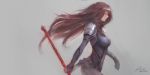  1girl bodysuit breasts brown_hair fate/grand_order fate_(series) floating_hair from_side grey_background highres holding holding_weapon long_hair medium_breasts polearm raikoart red_eyes scathach_(fate/grand_order) simple_background solo spear standing very_long_hair weapon 