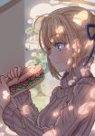  1girl artoria_pendragon_(all) blonde_hair blue_eyes blue_ribbon eyebrows_visible_through_hair fate/stay_night fate_(series) food from_side hair_ribbon holding holding_food miamuly ribbon saber sandwich short_hair solo sweatdrop sweater upper_body 