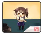  1girl :d artist_name black_legwear blue_skirt brown_eyes brown_hair hair_between_eyes hakama_skirt japanese_clothes kaga_(kantai_collection) kantai_collection minigirl open_mouth paper short_hair short_sleeves side_ponytail skirt smile solo taisa_(kari) tasuki thigh-highs 