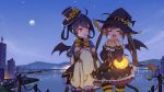  2girls :d ^_^ ^o^ ahoge animal_ears azur_lane baozi bat_wings black_hair brown_hair capelet cat_ears closed_eyes commentary_request eating food halloween halloween_costume highres jack-o&#039;-lantern long_hair mosquito_coils multiple_girls ning_hai_(azur_lane) open_mouth ping_hai_(azur_lane) red_eyes smile striped striped_legwear twintails wings 