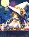  1girl black_hair blush breast_rest breasts candle candy cleavage eyebrows_visible_through_hair food girls_frontline gloves halloween hat large_breasts lollipop long_hair looking_at_viewer parted_lips qbz-95_(girls_frontline) solo tp_(kido_94) white_gloves white_hat witch_hat yellow_eyes 