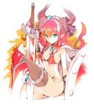 1girl armor bikini_armor black_gloves black_legwear blue_eyes cape elbow_gloves elizabeth_bathory_(brave)_(fate) fate/grand_order fate_(series) gloves greaves hair_between_eyes horns ichizen_(o_tori) jewelry lancer_(fate/extra_ccc) pauldrons pendant pointy_ears redhead revealing_clothes shield sitting solo sword tagme tail thigh-highs weapon white_cape
