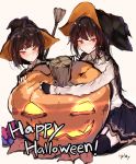  2girls ahoge artist_name bangs black_skirt blouse blush brown_hair closed_mouth eyebrows_visible_through_hair fingerless_gloves gloves halloween happy_halloween hat hplay jack-o&#039;-lantern long_hair long_sleeves looking_at_viewer multiple_girls orange_eyes original pleated_skirt red_eyes short_hair signature simple_background skirt smile tsurime white_background white_blouse witch witch_hat 