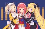  3girls blonde_hair blush bow dress drill_hair elise_(fire_emblem_if) fire_emblem fire_emblem:_kakusei fire_emblem_if green_eyes hair_bow hand_holding hug liz_(fire_emblem) looking_at_viewer multiple_girls one_eye_closed pink_hair sakura_(fire_emblem_if) short_hair smile transistor twin_drills twintails violet_eyes winking 