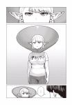  ... 1boy 1girl :&lt; bangs breasts comic elf elf-san_wa_yaserarenai. elizabethan_collar erufuda-san eyelashes greyscale highres jitome large_breasts monochrome naoe-san pants plump pointy_ears shirt silent_comic synecdoche t-shirt track_pants 