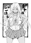1girl ;d blush bow bowtie bracelet breasts cleavage commentary_request copyright_name dress_shirt fake_nails finger_to_mouth gal_gohan greyscale gyaru hair_ornament hairclip hand_on_own_hip highres jewelry kogal large_breasts long_hair loose_bowtie monochrome mushi024 okazaki_miku one_eye_closed open_mouth pleated_skirt polka_dot polka_dot_scrunchie ring school_uniform scrunchie shirt skirt sleeves_rolled_up smile solo standing tan w wrist_scrunchie