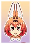  1girl :d alternate_hair_color animal_ears bangs bow bowtie eyebrows_visible_through_hair gradient gradient_background halloween jack-o&#039;-lantern kemono_friends kouda_tomohiro looking_at_viewer official_style open_mouth portrait red_eyes redhead serval_(kemono_friends) serval_ears serval_print short_hair smile solo twitter_username 