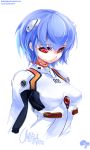  ayanami_rei blue_hair bodysuit breasts highres krokobyaka neon_genesis_evangelion pilot_suit plugsuit red_eyes simple_background upper_body white_background white_bodysuit 