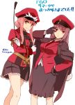  2girls alternate_costume black_gloves cravat fate/extra fate/grand_order fate_(series) gloves hand_on_hip hasegawa_keita hat jacket_on_shoulders long_hair medb_(fate/grand_order) multiple_girls necktie pink_hair purple_hair red_eyes red_neckwear riding_crop scathach_(fate/grand_order) translation_request twitter_username white_background 