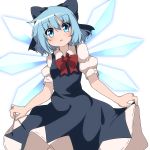  1girl blue_bow blue_eyes blue_hair blush bow cirno cowboy_shot do_(4-rt) eyebrows_visible_through_hair hair_between_eyes hair_bow highres ice ice_wings looking_at_viewer looking_down open_mouth puffy_short_sleeves puffy_sleeves red_neckwear short_hair short_sleeves simple_background skirt_hold solo touhou white_background wings 