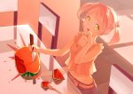  1girl belt bunny_hair_ornament chair child food fruit groin hair_ornament hand_up indoors inside knife licking_lips looking_at_viewer midriff navel original pink_hair short_hair short_twintails spoon table teiuyou tongue tongue_out twintails watermelon yellow_eyes 