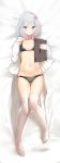  1girl absurdres aqua_eyes bangs bed_sheet black_bra black_panties bow bow_panties bra breasts clipboard commentary_request dakimakura dress_shirt eromanga_sensei eyebrows_visible_through_hair feet from_above full_body grey_hair hair_bow highres holding izumi_sagiri lao_siji long_sleeves looking_at_viewer lying mechanical_pencil on_back on_bed open_clothes open_shirt panties parted_lips pencil pink_bow see-through shirt short_hair skindentation small_breasts solo thigh-highs thigh_gap toes underwear white_legwear 