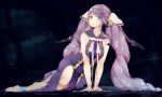  1girl :o anklet arm_support bangs bare_arms barefoot blue_eyes breasts commentary_request dress eyebrows_visible_through_hair full_body hair_ornament jewelry large_breasts long_hair looking_to_the_side manatsuki_manata ningyo_hime_(sinoalice) parted_lips purple_hair sinoalice sitting sleeveless sleeveless_dress solo twintails very_long_hair white_neckwear yokozuwari 