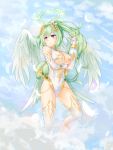  1girl absurdres angel angel_wings blush breasts feathered_wings feathers four_goddesses_online:_cyber_dimension_neptune green_hair green_heart highres kazuneko_(wktk1024) large_breasts long_hair looking_at_viewer neptune_(series) ponytail power_symbol revision smile solo symbol-shaped_pupils vert very_long_hair violet_eyes white_wings wings 