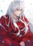 1boy animal_ears artist_name bead_necklace beads demon_boy dog_ears falling_petals hair_between_eyes hakama highres inuyasha inuyasha_(character) japanese_clothes jewelry kimono long_hair long_sleeves looking_to_the_side male_focus necklace ningyo orange_eyes own_hands_together petals red_hakama red_kimono sidelocks slit_pupils solo white_background white_hair 
