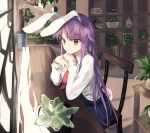  1girl animal_ears bangs blue_skirt bunny_tail chair closed_mouth collared_shirt commentary_request indoors kasuka_(kusuki) leaning_forward long_hair long_sleeves looking_at_viewer necktie plant potted_plant purple_hair rabbit_ears red_eyes red_neckwear reisen_udongein_inaba shelf shirt sitting skirt smile solo tail touhou very_long_hair white_shirt window wing_collar 