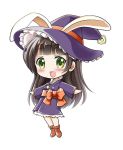  1girl :d animal_ears bangs blunt_bangs blush boots brown_footwear brown_hair chibi commentary_request eyebrows_visible_through_hair frilled_hat frilled_kimono frills full_body gochuumon_wa_usagi_desu_ka? green_eyes halloween_costume hat hat_ribbon heart japanese_clothes kimono long_hair long_sleeves looking_at_viewer narurun_(final123) obi open_mouth orange_ribbon outstretched_arms purple_hat purple_kimono rabbit_ears ribbon sash short_kimono simple_background smile solo standing ujimatsu_chiya white_background wide_sleeves witch_hat 