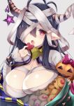  1girl antenna_hair bandage bandaged_head black_hair blush breasts commentary cookie danua doraf food granblue_fantasy grey_background halloween heart heart-shaped_pupils holding horn_ornament jack-o&#039;-lantern large_breasts long_hair looking_at_viewer open_mouth pointy_ears red_eyes simple_background sleeves_past_wrists symbol-shaped_pupils upper_body yuzu-aki 