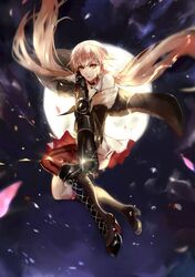  1girl armpit_peek assault_rifle asymmetrical_legwear bangs black_footwear black_gloves blonde_hair boots breasts bullpup chinese choker cleavage closed_mouth clouds cross-laced_footwear eyebrows_visible_through_hair floating floating_hair floral_print full_body full_moon fur-trimmed_jacket fur_trim girls_frontline gloves gun hair_between_eyes half_gloves high-waist_skirt highres holding holding_gun holding_weapon jacket knee_boots lace-up_boots long_hair looking_at_viewer low_twintails moon night night_sky off_shoulder open_clothes open_jacket ots-14 ots-14_(girls_frontline) petals pink_hair rifle scope single_thighhigh skirt sky solo sparkle star_choker striped striped_legwear thigh-highs twintails vardan_(s645062222) very_long_hair weapon wind wind_lift yellow_eyes 