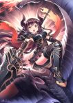  &gt;:o 1girl :o black_hair brown_eyes cape dragon dragon_horns fire forte_(shingeki_no_bahamut) granblue_fantasy highres holding horns long_hair looking_at_viewer mystic-san pointy_ears polearm riding shingeki_no_bahamut weapon 